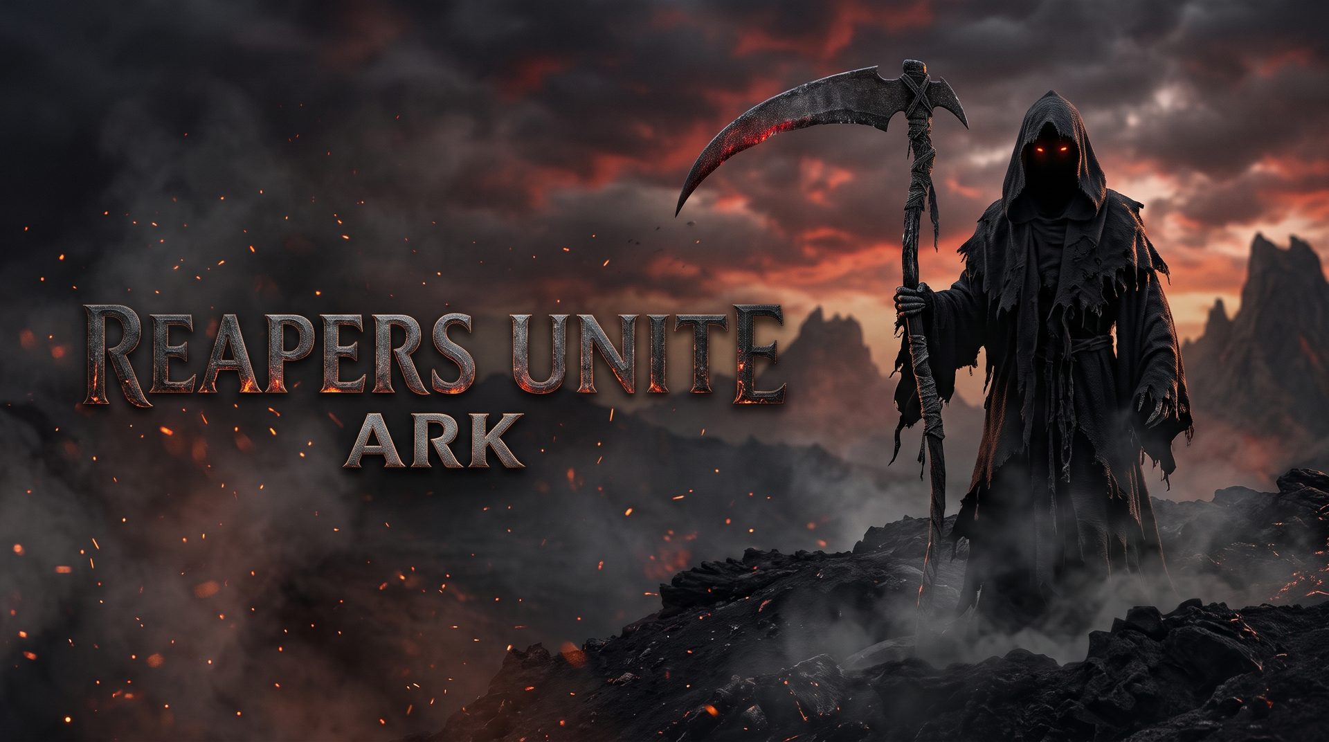 Segador encapuchado con una guadaña sobre rocas volcánicas bajo un cielo rojo, junto al título Reapers Unite ARK